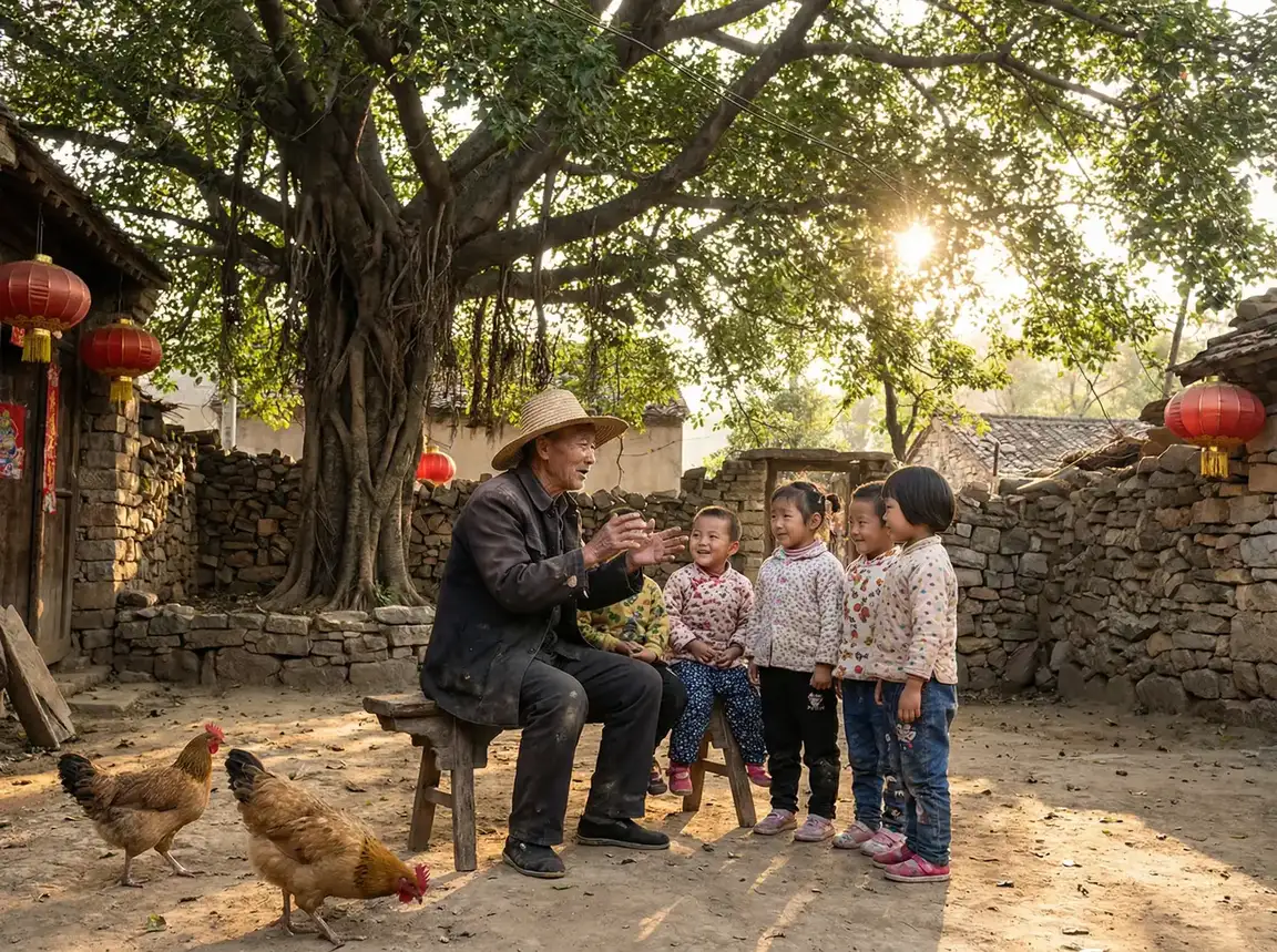老人在大榕树下给孩子们讲故事 - 竹升妹之以牙还牙 乡村记忆